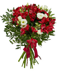 red alstroemerias and white lisianthuses